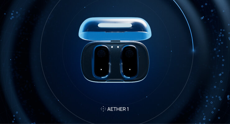 Product site for AETHER 1 earbuds, glowing blue against a dark backdrop