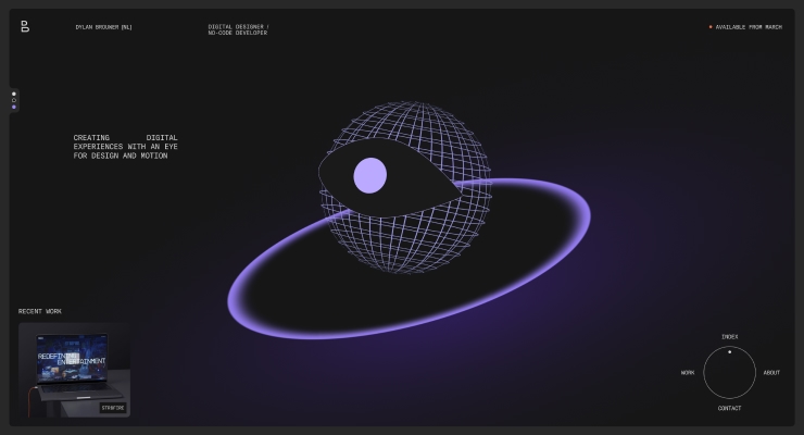 Dark violet site with a wireframe globe ringed by an orbital band