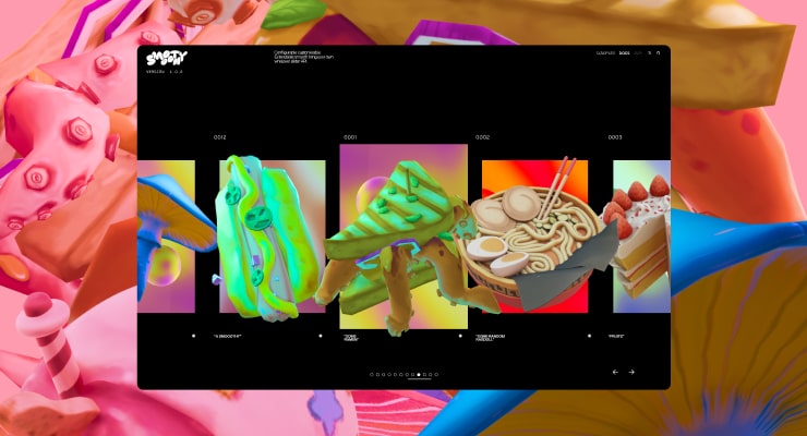 Vivid 3D art gallery site framed by pink and blue sculptural forms