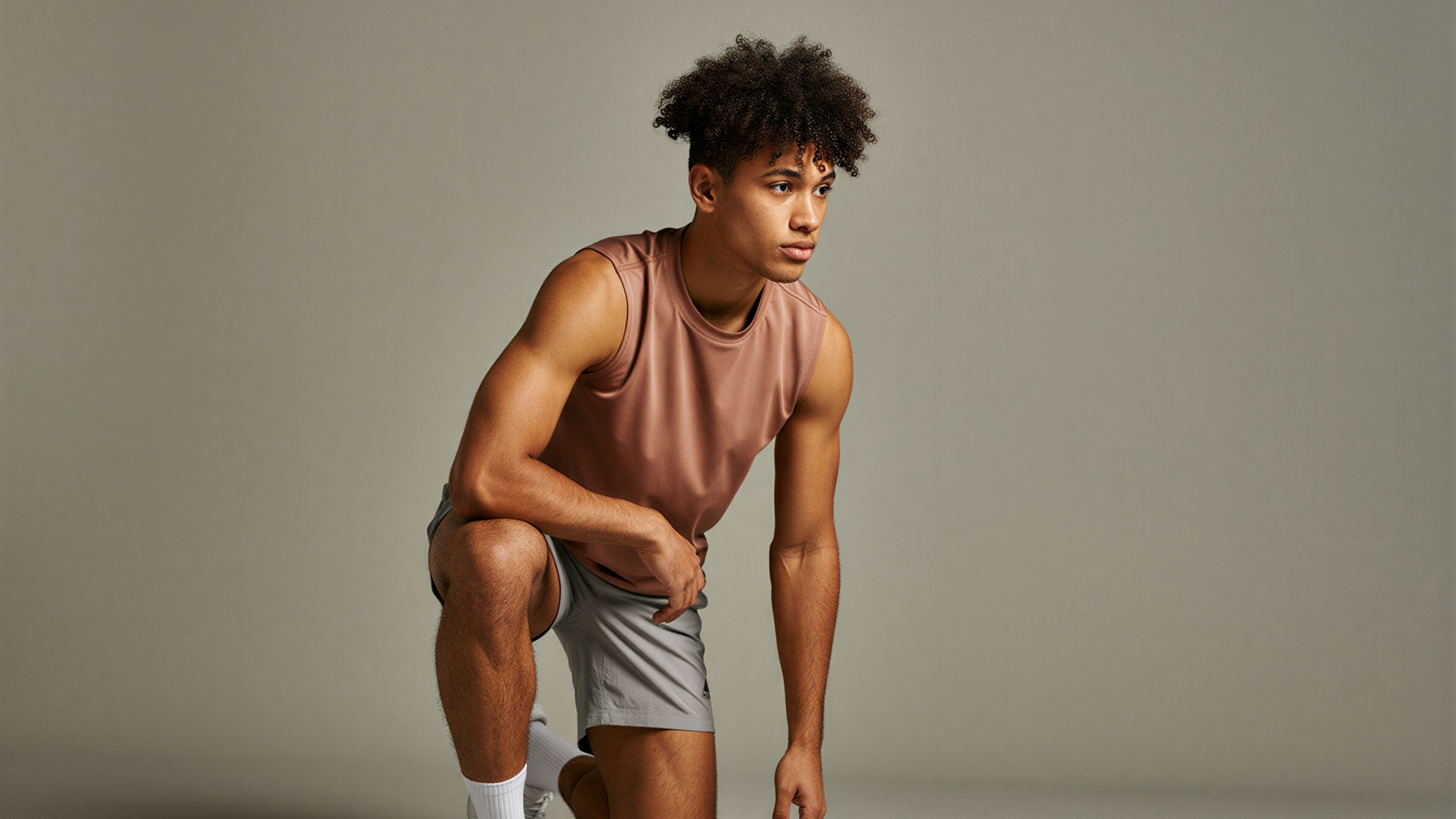Athlete crouching in a starting stance against a grey studio wall