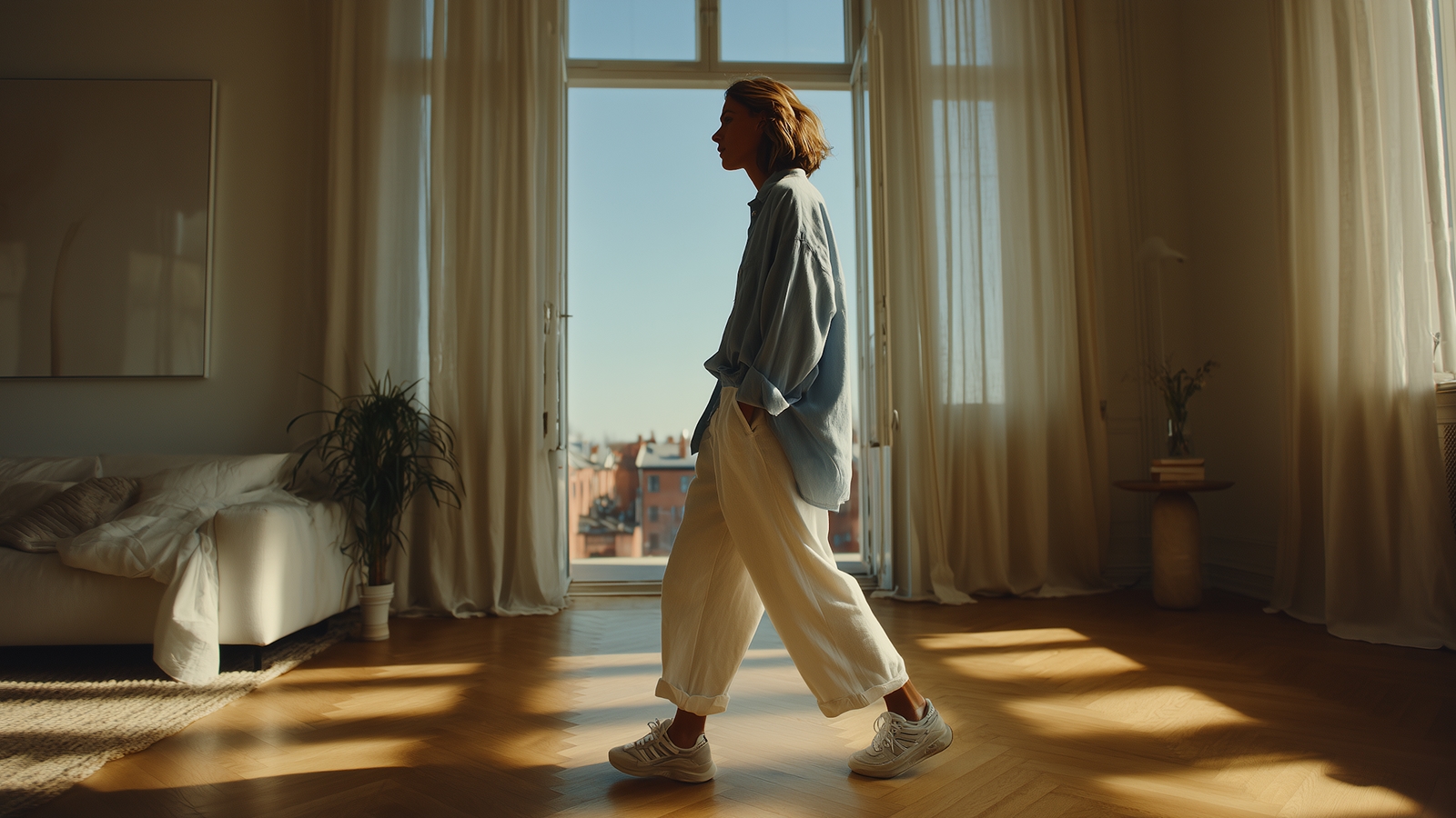 Person walking across a sunlit bedroom toward tall curtained windows