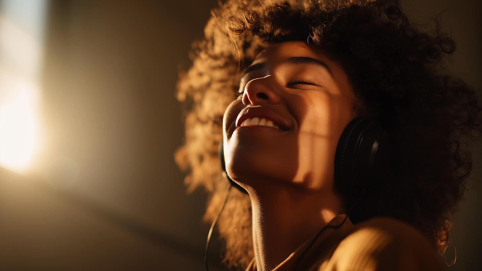 Person in headphones smiling with eyes closed in warm backlight