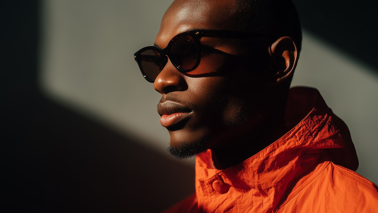 Profile portrait in sunglasses and an orange jacket cut by hard shadow
