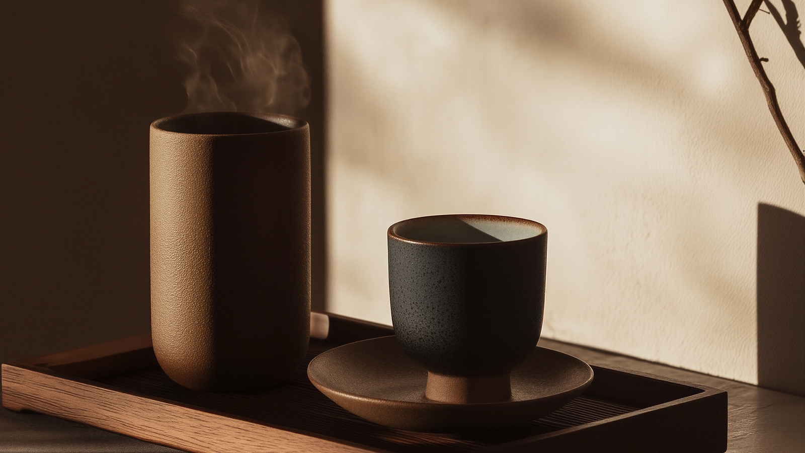 Two ceramic cups steaming on a wooden tray in soft light