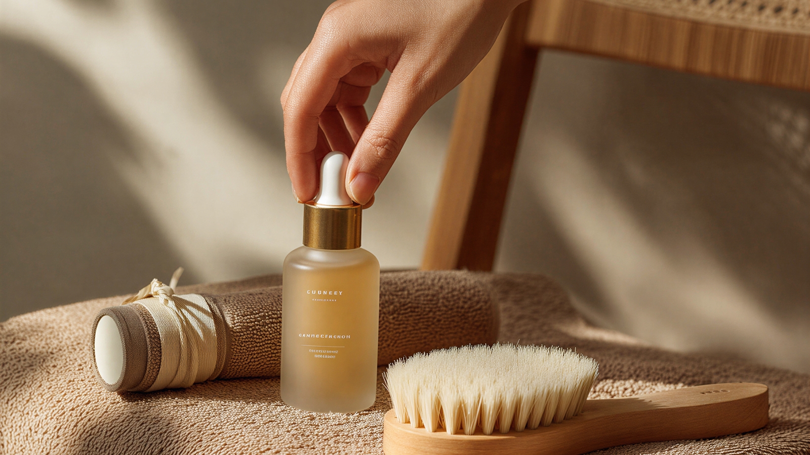 Hand reaching for a serum bottle beside a body brush on folded towels