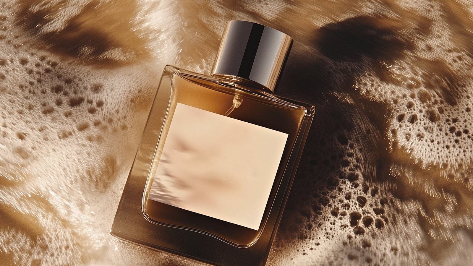 Amber glass fragrance bottle resting on textured cream fur