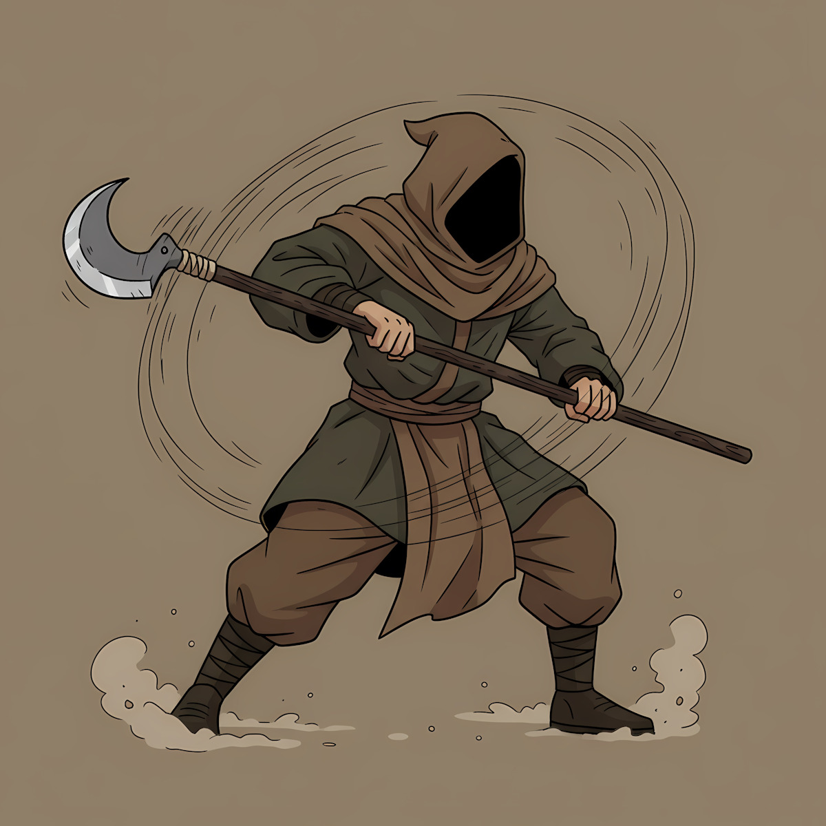 Cartoon hooded figure swinging a crescent-bladed polearm on a tan background