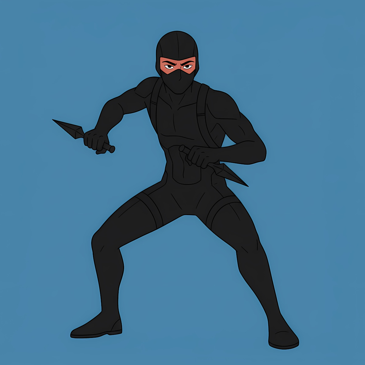 Cartoon ninja in a black suit holding twin kunai on a blue background