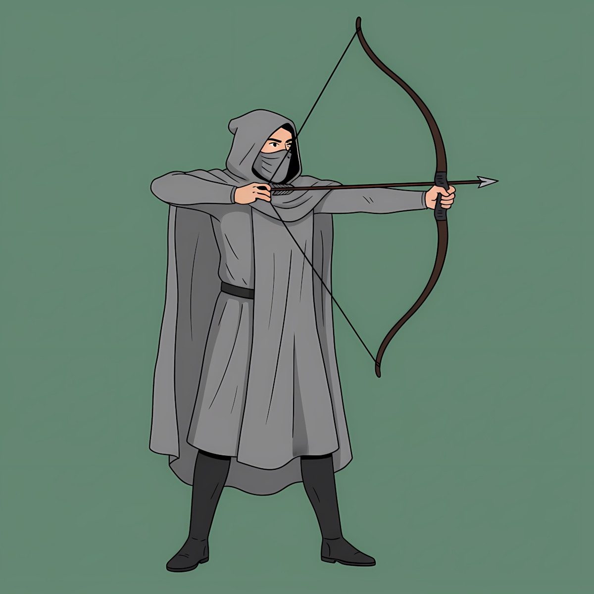 Cartoon hooded archer drawing a longbow on a green background