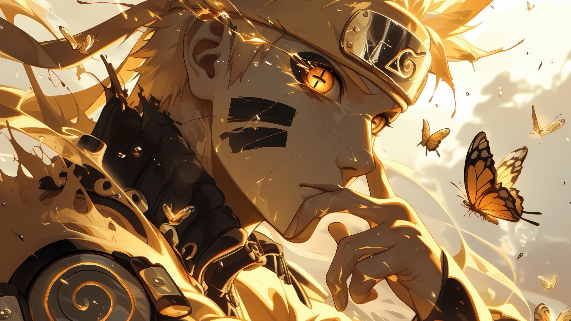 Golden anime warrior in a headband surrounded by butterflies and drifting light
