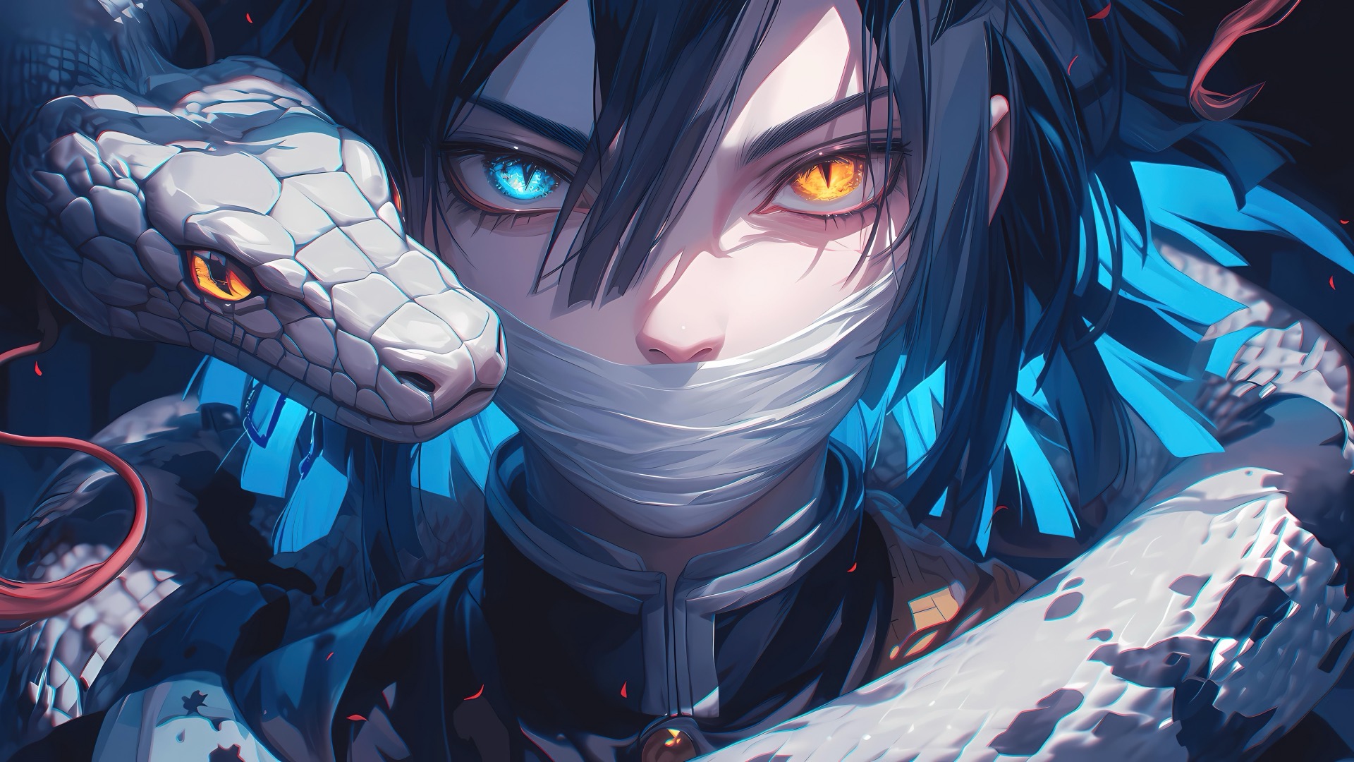 Blue-toned anime character with mismatched eyes beside a white serpent